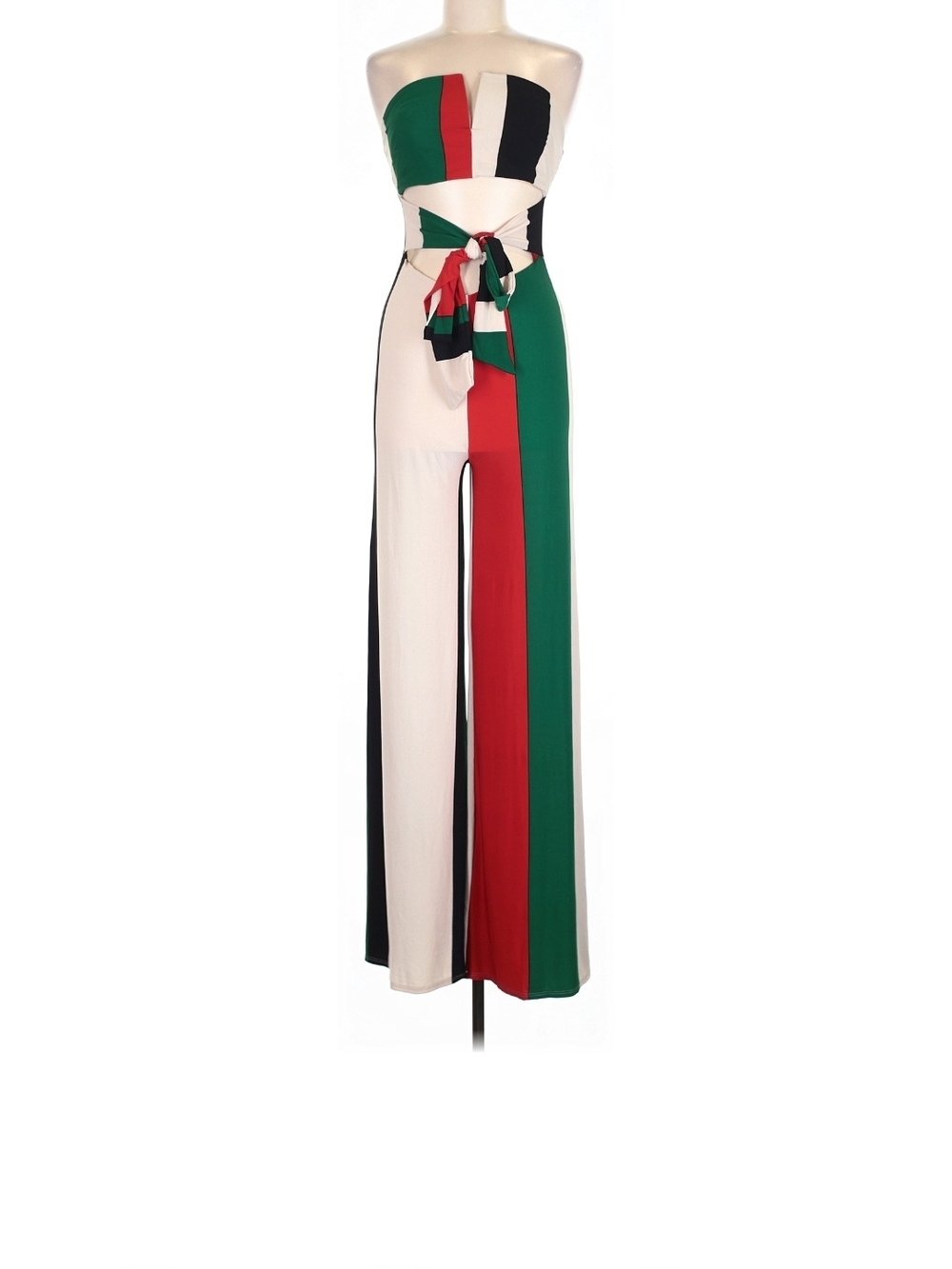 Fashion Nova Strapless Wide-Leg Colorblock Jumpsuit - Green/Red/Black/Cream